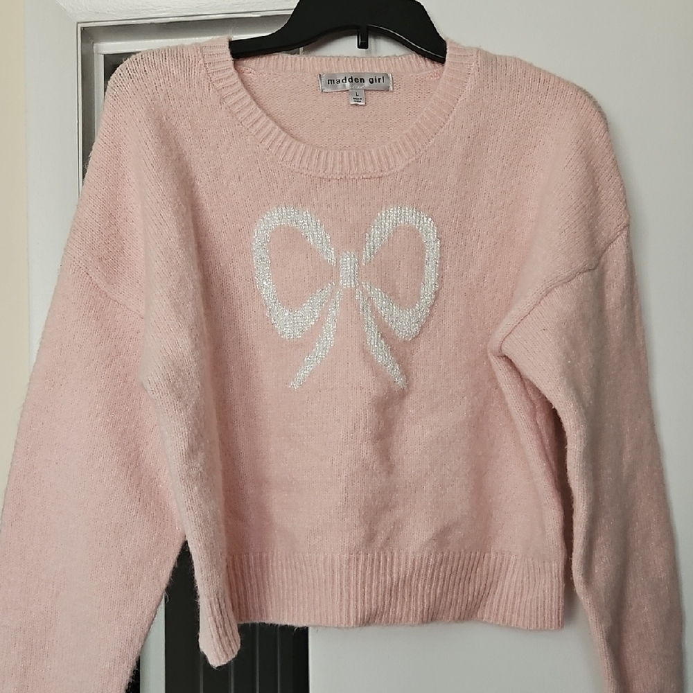 Madden Girl Light Pink Sweater with Bow Accent